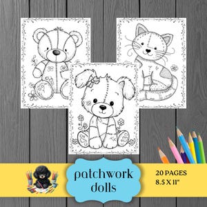 Kids Patchwork Doll Coloring Book, Bears Kitties Pups Owls Monkeys Elephants Giraffes, Digital Download