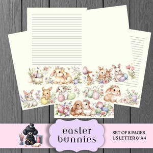 Conjunto de papelaria com coelhinho da Páscoa para imprimir, com páginas pautadas e sem pauta, download instantâneo, PDF