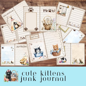 Strony dziennika Cat Junk, Syjamski, Przytulne sceny z pomarańczowym pręgowanym kotem, Słodkie kotki, 25 słów o kotach, Pobieranie cyfrowe, Miłośnik zwierząt, Strony dziennika kociąt