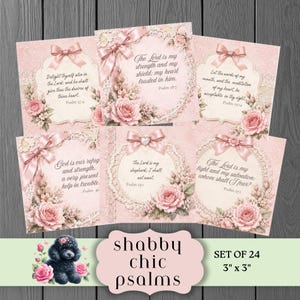 May include: A set of 24 square cards, each 7.62 cm by 7.62 cm, featuring pink floral designs with lace borders, satin bows, and printed Bible verses. The cards display various psalms and include a small illustration of a black poodle puppy.