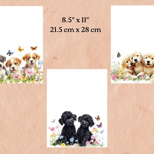 Set of 18 pages, 6 blank, 12 lined, featuring cute playful dogs and puppies. Poodles, Chocolate Labs, Golden Retrievers, and other cuties.
