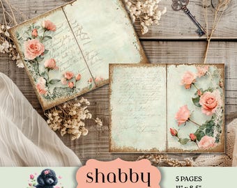 May include: Two open vintage-style pages with pink roses and script, alongside a key and dried flowers. The pages are 11" x 8.5" and feature the text "shabby roses" on a pink banner.