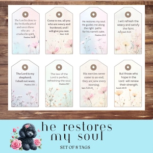 Versículos bíblicos de Él restaura mi alma, etiquetas de las Escrituras, oración cristiana, etiquetas imprimibles, descarga digital, etiquetas de aliento para álbumes de recortes
