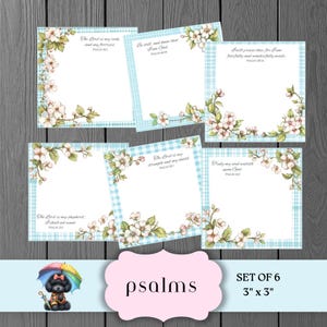 May include: Set of six 3x3 inch square cards with floral and scripture designs. Each card features a light blue gingham border, white flowers, and inspirational text from Psalms. The word "psalms" is displayed in a pink banner.