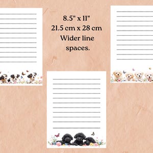 Set of 18 pages, 6 blank, 12 lined, featuring cute playful dogs and puppies. Poodles, Chocolate Labs, Golden Retrievers, and other cuties.