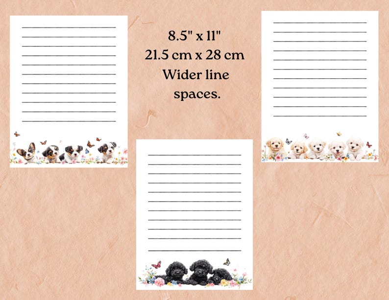 Set of 18 pages, 6 blank, 12 lined, featuring cute playful dogs and puppies. Poodles, Chocolate Labs, Golden Retrievers, and other cuties.