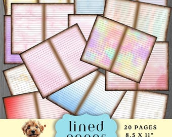 May include: A collection of lined pages with a vintage aesthetic. The pages are open, revealing lined interiors with a variety of pastel color backgrounds. The pages are 8.5 x 11 inches. The image also includes the text "lined pages" and "20 pages".