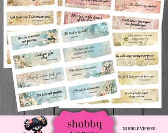 Shabby Chic Bible Verse Scraps, 32 Printable Floral Scripture Strips, Faith Junk Journal Ephemera