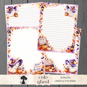 May include: Stationery paper set featuring Halloween themes with ghosts in purple witch hats, orange pumpkins, lanterns, and autumn leaves. The pages include lined and unlined options with text reading Trick Treat Be Kind and Stay Spooky Stay Kind.