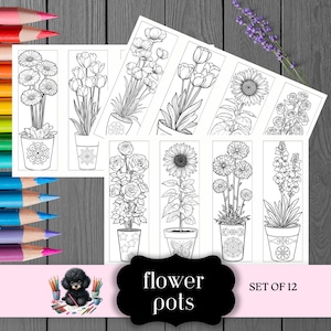 Marcadores de livros para colorir imprimíveis com rosas, tulipas, girassóis, vasos de flores e desenhos florais.