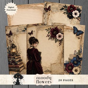 Vintage Memories Junk Journal Pages,  Antique Books, Lanterns, Clocks, Butterflies & Floral Ephemera, Moody Flowers