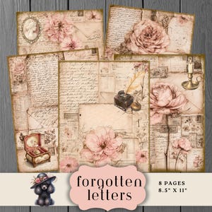 May include: A collection of eight vintage-style paper sheets featuring sepia-toned floral illustrations, cursive handwriting, envelopes, a candle holder, and a jewelry box. The text "forgotten letters" and "8 PAGES 8.5" x 11"" is printed on the image.
