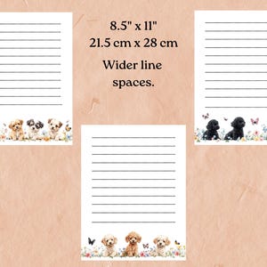 Set of 18 pages, 6 blank, 12 lined, featuring cute playful dogs and puppies. Poodles, Chocolate Labs, Golden Retrievers, and other cuties.