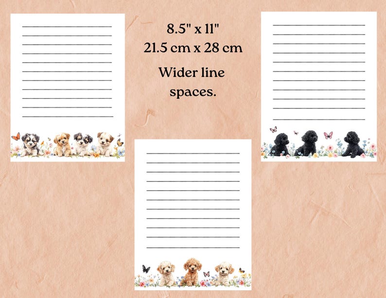 Set of 18 pages, 6 blank, 12 lined, featuring cute playful dogs and puppies. Poodles, Chocolate Labs, Golden Retrievers, and other cuties.