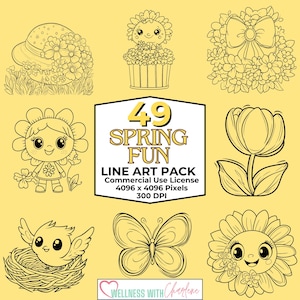 Spring Fun Line Art PNG Bundle Commercial Use Graphics, Spring PNG Bundle for Bold and Easy Coloring Pages and Custom Coloring Pages