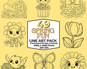 Spring Fun Line Art PNG Bundle Commercial Use Graphics, Spring PNG Bundle for Bold and Easy Coloring Pages and Custom Coloring Pages
