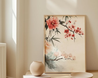 Chinese Ink Peony Art Set: Asian Floral Watercolor Prints (Digital Download)