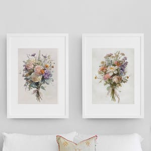 DIGITAL DOWNLOAD | Romantic Floral Wall Art Set of 5 | Watercolor Flower Bouquets | Soft Botanical Bedroom Decor | Pastel Printable Art