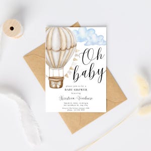Convite para chá de bebê com balão de ar quente | Gênero neutro | Modelo editável | Download instantâneo | Convite para impressão no Canva
