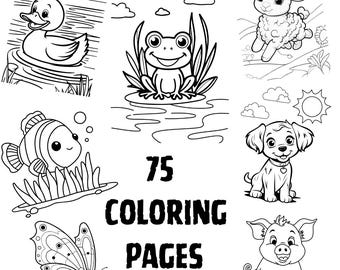 Può includere: Pagina di libro da colorare in bianco e nero con illustrazioni di un'anatra, una rana, un agnello, un pesce, un cucciolo, una farfalla e un maiale. Il testo "75 COLORING PAGES" è al centro.