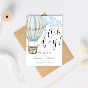 Convite para chá de bebê com balão de ar quente para menino | Modelo editável | Convite para impressão | Tema azul | Download instantâneo | Convite Canva