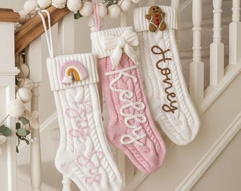 Baby Ginger Rainbow Bow BearTree Personalized Embroidered Christmas Stockings,Custom Name Knitted Stockings, Large 18” Name Stocking