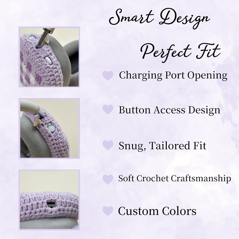 Puede incluir: Un accesorio de ganchillo lavanda con el texto "Smart Design Perfect Fit". El accesorio presenta una abertura para el puerto de carga, un dise&ntilde;o de acceso a botones y un ajuste ce&ntilde;ido y a medida. Est&aacute; hecho con una suave artesan&iacute;a de ganchillo y ofrece colores personalizados.