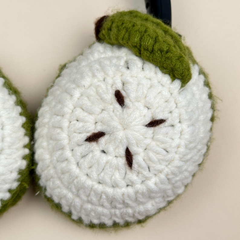 Puede incluir: Orejeras de ganchillo con dise&ntilde;o de rodaja de lima. Las orejeras presentan un centro blanco con acentos de semillas marrones y una c&aacute;scara y hoja verdes. Se adjuntan a una diadema negra.