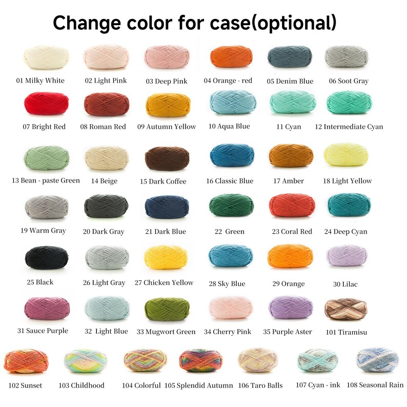 Op de afbeelding: Een kleurenkaart met verschillende garenkleuren, waaronder wit, roze, rood, geel, blauw en groen. De tekst "Change color for case (optional)" staat bovenaan. Elke kleur is gelabeld met een nummer en een naam.