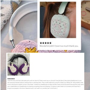 Pode incluir: Capas de fone de ouvido de croch&ecirc; em v&aacute;rios designs. Um par &eacute; roxo com rostos de coelho brancos, outro &eacute; rosa claro e branco com um padr&atilde;o quadrado. O texto diz: "Wonderful job!!! I love it so much thank you."