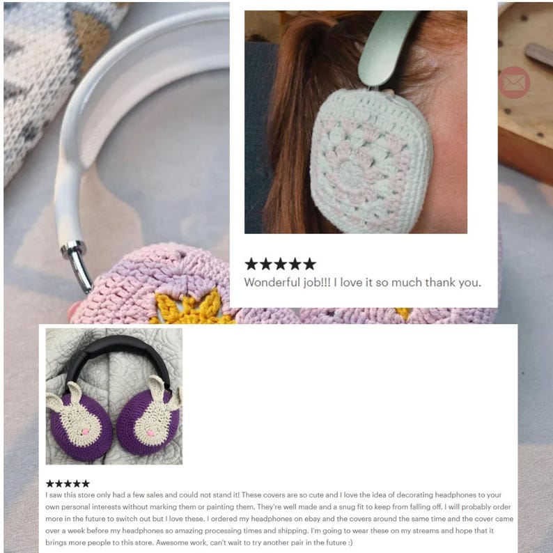 Pode incluir: Capas de fone de ouvido de croch&ecirc; em v&aacute;rios designs. Um par &eacute; roxo com rostos de coelho brancos, outro &eacute; rosa claro e branco com um padr&atilde;o quadrado. O texto diz: "Wonderful job!!! I love it so much thank you."