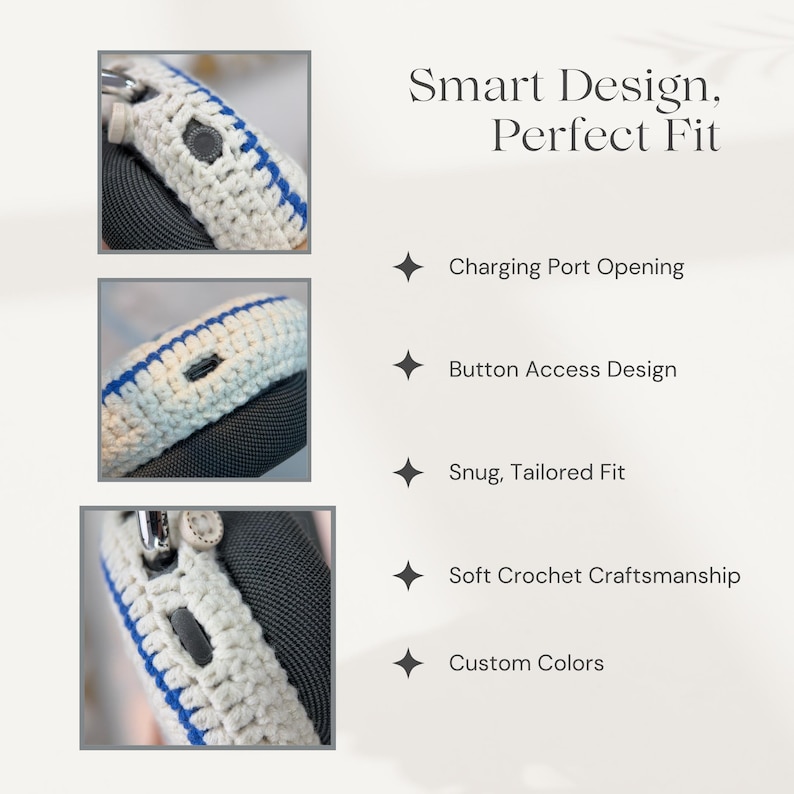 May include: A white crocheted case with blue trim for a wireless earbud charging case. The case has openings for the charging port and buttons.  Smart Design, Perfect Fit. Charging Port Opening. Button Access Design. Snug, Tailored Fit. Soft Crochet Craftsmanship. Custom Colors.