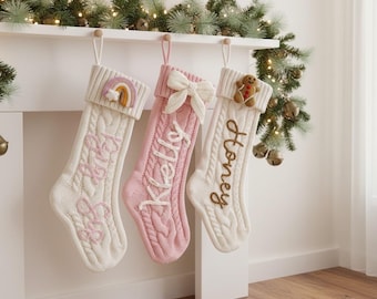 Baby Ginger Rainbow Bow BearTree Personalized Embroidered Christmas Stockings,Custom Name Knitted Stockings, Large 18” Name Stocking