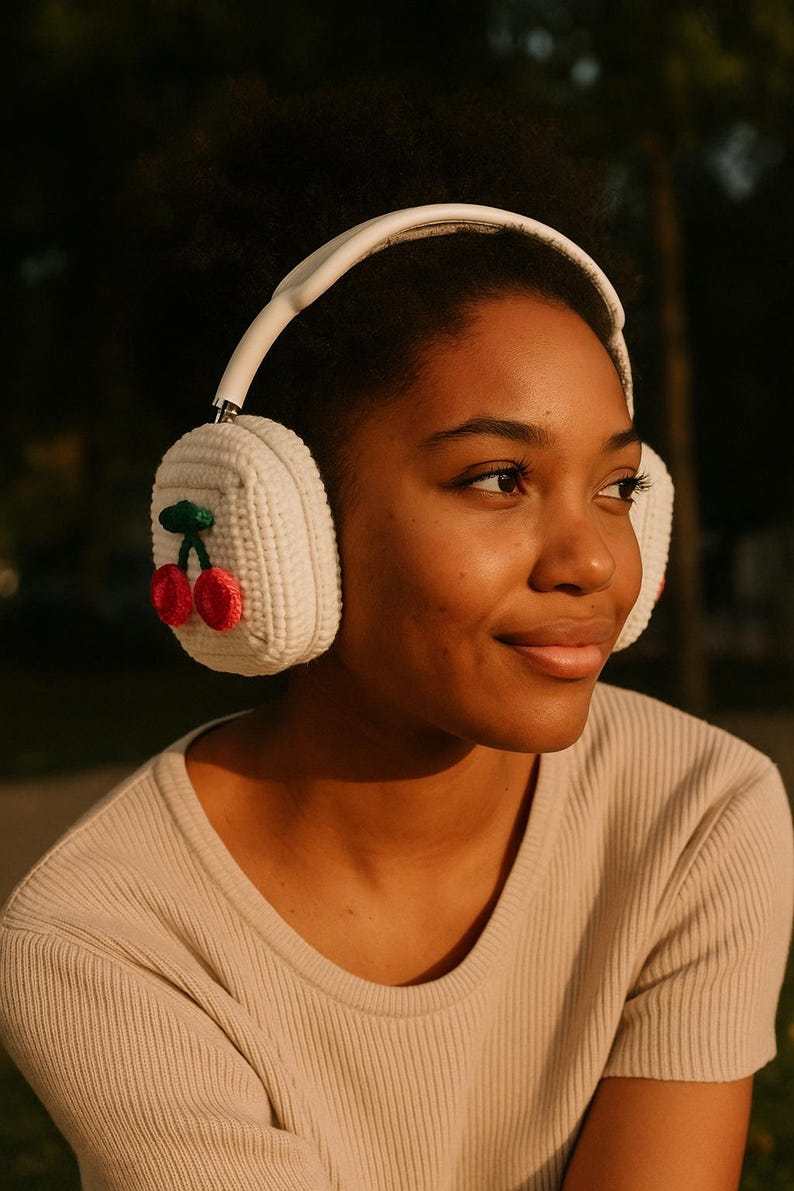 Pode incluir: Fones de ouvido brancos com protetores de ouvido de malha, cada um adornado com um design de cereja vermelha e verde. Os fones de ouvido t&ecirc;m uma faixa de cabe&ccedil;a branca. Uma pessoa usa uma camisa canelada bege.