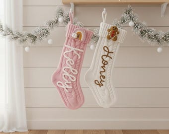 Baby Ginger Rainbow Bow BearTree Personalized Embroidered Christmas Stockings,Custom Name Knitted Stockings, Large 18” Name Stocking