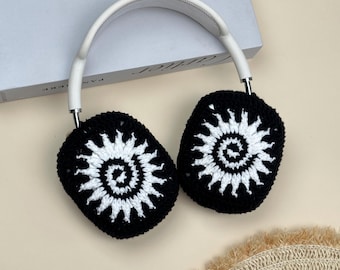 Black with white spiral sun  Airpods Max Headphone Covers |Crochet AirPods Max Case |AirPod Max Cover| Handmade|Sony xm5 case|Sony xm4 cover