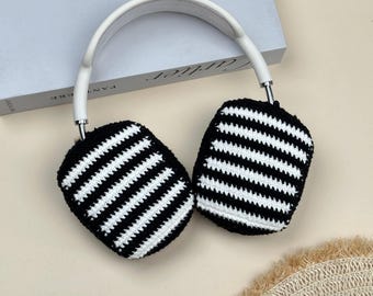 black white striped crochet  Airpods Max Headphone Covers |Crochet AirPods Max Case |AirPod Max Cover| Handmade|Sony xm5 case|Sony xm4 cover