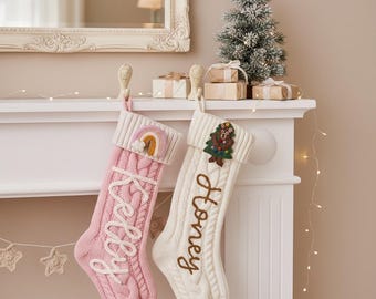 Baby BearTree Rainbow Ginger Bow  Personalized Embroidered Christmas Stockings,Custom Name Knitted Stockings, Large 18” Name Stocking