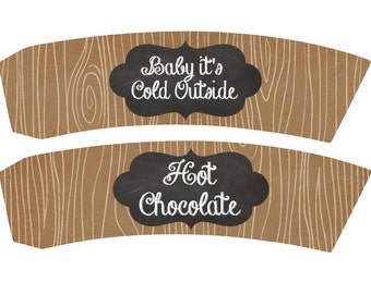 Hot Chocolate Cup Sleeve Printables, woodgrain, printable woodgrain hot chocolate printable cup sleeve, hot drink cup sleeve, printable