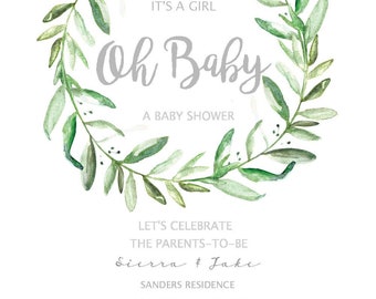 Editable Greens Baby Shower Invitation, Oh Baby Invitation Template, Instant Download, Editable PDF Baby Shower Invitation Printable,