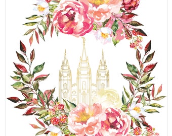 Salt Lake City LDS Temple. Floral Temple Printable, Lds Temple, LDS Printable, Latter Day Saint Temple,  Floral LDS Temple Print, Gold