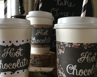 Chalkboard Hot Chocolate Cup Sleeve Printables, polka dot, floral,woodgrain,printables, hot cocoa cup sleeve, hot chocolate bar printables