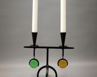 Gunnar Ander, candeliere forgiato a mano per 2 candele, ferro battuto e vetro, da collezione - Ystad Metall, vintage, scandinavo