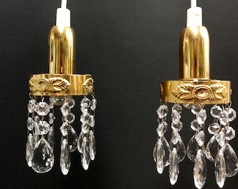 Pair Small Crystal Pendant Lights, Gold Gilt, Window Lights. Swedish Vintage 1970s.