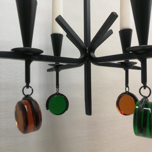 Art Chandelier for 4 candles Gunnar Ander Ystad Metall Sweden Wrought Iron Coloured Glass, Vintage, Scandinavian, Retro Art Decor