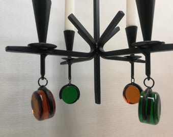 Art Chandelier for 4 candles Gunnar Ander Ystad Metall Sweden Wrought Iron Coloured Glass, Vintage, Scandinavian, Retro Art Decor