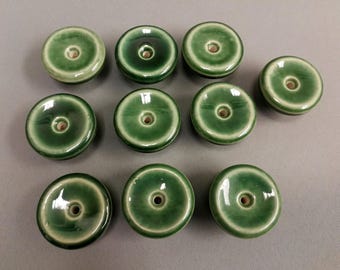 10 pcs. Really fancy door handles, furniture knobs, green glazed stoneware made by the legend Carl-Harry Stålhane! Swedish made. 1960s.