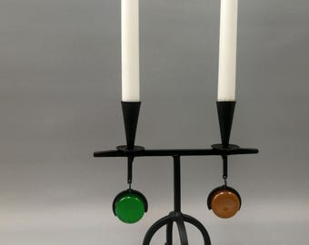 Gunnar Ander, candeliere forgiato a mano per 2 candele, ferro battuto e vetro, da collezione - Ystad Metall, vintage, scandinavo