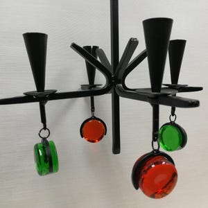 Art Chandelier for 4 candles Gunnar Ander Ystad Metall Sweden Wrought Iron Coloured Glass, Vintage, Scandinavian, Retro Art Decor