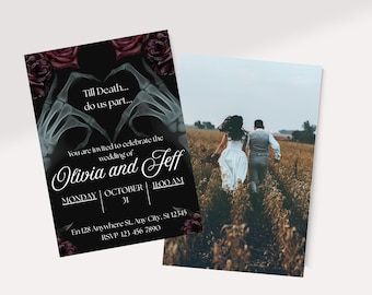 Editable Gothic Wedding Invitation – “Til Death Do Us Part” Skeleton Hands – Canva Template